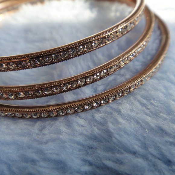 Pave Rhinestone Set 3 Thin Bangle Bracelets Copper - Picture 8 of 8